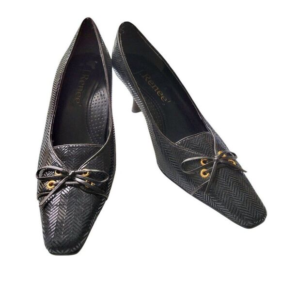 Renee Black Patent Leather Kitten Heels Size 7 With Bow & Gold Eyelets Zigzag - Picture 1 of 8